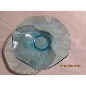 Blue iridescent glass dish saucer trinket dish ruffled edge 6"